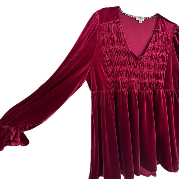 Umgee BURGUNDY Dark Red L Velvet Smocked Ruching Blouse - Picture 3 of 10